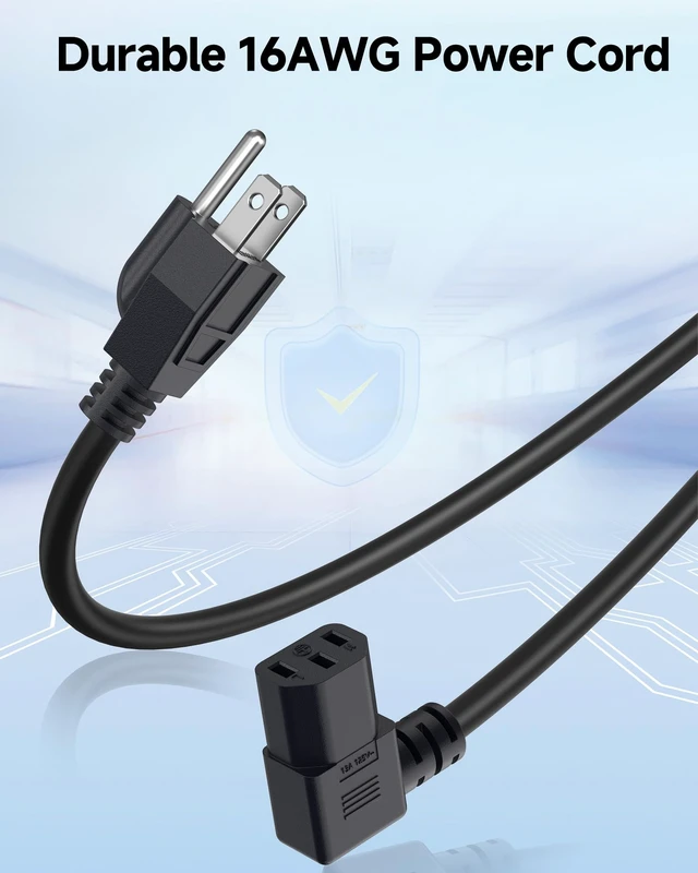 Alt view image 3 of 6 - 2-Pack 16 AWG Right Angle Power Cord, 10ft, Black 1625W, IEC C13, Low-Profile 90-Degree Plug, SJT Jacket