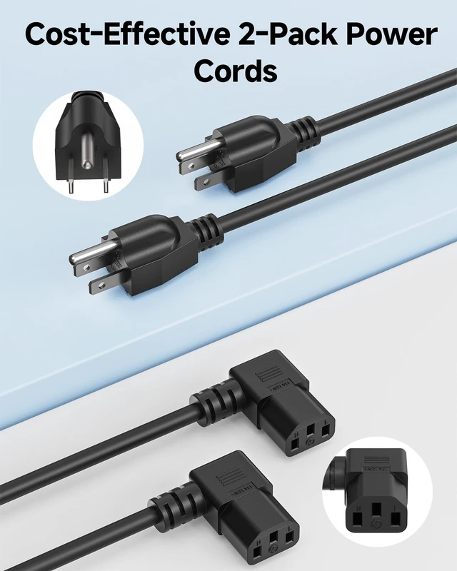 Alt view image 6 of 6 - 2-Pack 16 AWG Right Angle Power Cord, 10ft, Black 1625W, IEC C13, Low-Profile 90-Degree Plug, SJT Jacket