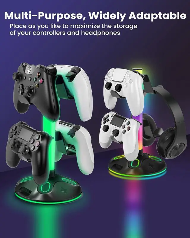 Alt view image 7 of 7 - RGB Headphone Stand for Desk, Innovative Headset Stand with 9 Light Modes - Controller Holder with USB Charging and Type-c Port, Gamepad Earphone Accessories (Black)