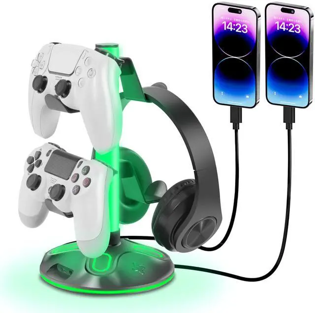 Main image of RGB Headphone Stand for Desk, Innovative Headset Stand with 9 Light Modes - Controller Holder with USB Charging and Type-c Port, Gamepad Earphone Accessories (Black)
