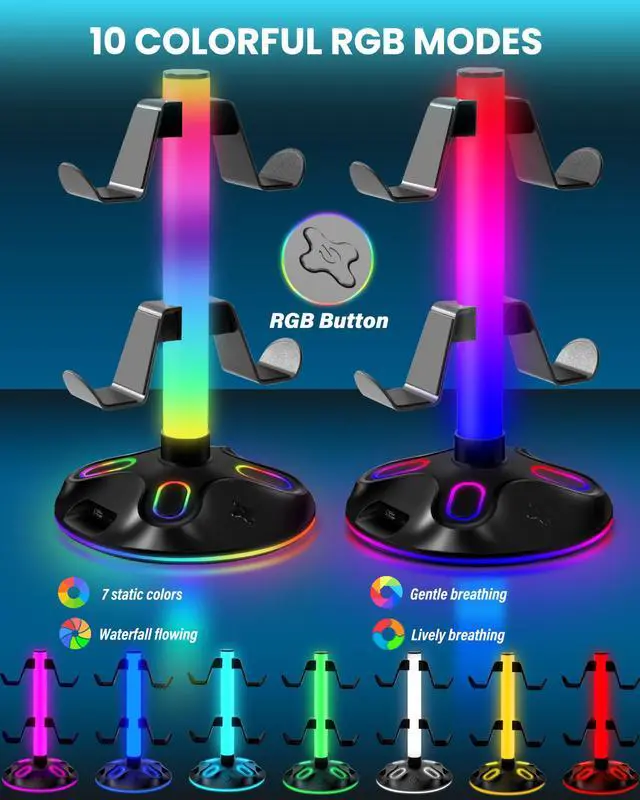 Alt view image 2 of 7 - RGB Headphone Stand for Desk, Innovative Headset Stand with 9 Light Modes - Controller Holder with USB Charging and Type-c Port, Gamepad Earphone Accessories (Black)