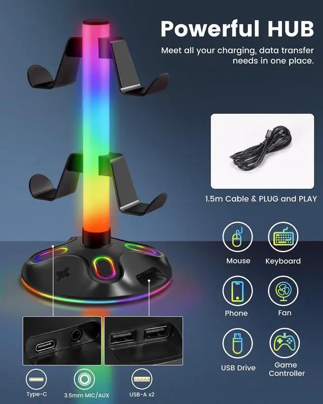 Alt view image 4 of 7 - RGB Headphone Stand for Desk, Innovative Headset Stand with 9 Light Modes - Controller Holder with USB Charging and Type-c Port, Gamepad Earphone Accessories (Black)