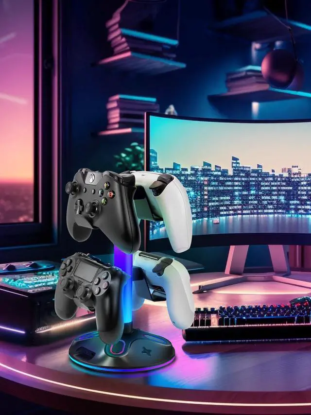 Alt view image 6 of 7 - RGB Headphone Stand for Desk, Innovative Headset Stand with 9 Light Modes - Controller Holder with USB Charging and Type-c Port, Gamepad Earphone Accessories (Black)