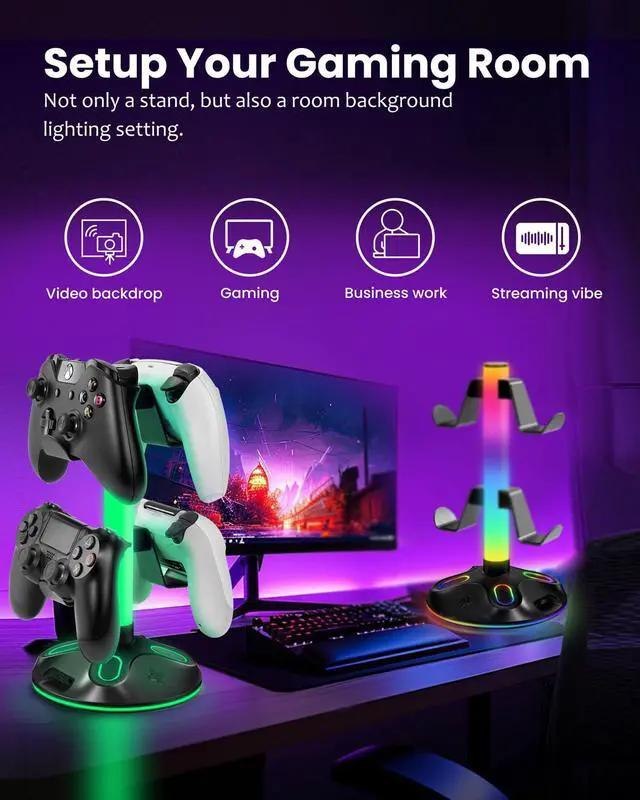 Alt view image 5 of 7 - RGB Headphone Stand for Desk, Innovative Headset Stand with 9 Light Modes - Controller Holder with USB Charging and Type-c Port, Gamepad Earphone Accessories (Black)