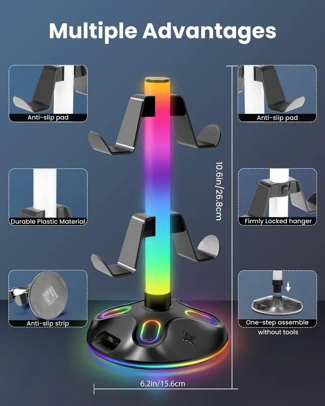 Alt view image 3 of 7 - RGB Headphone Stand for Desk, Innovative Headset Stand with 9 Light Modes - Controller Holder with USB Charging and Type-c Port, Gamepad Earphone Accessories (Black)