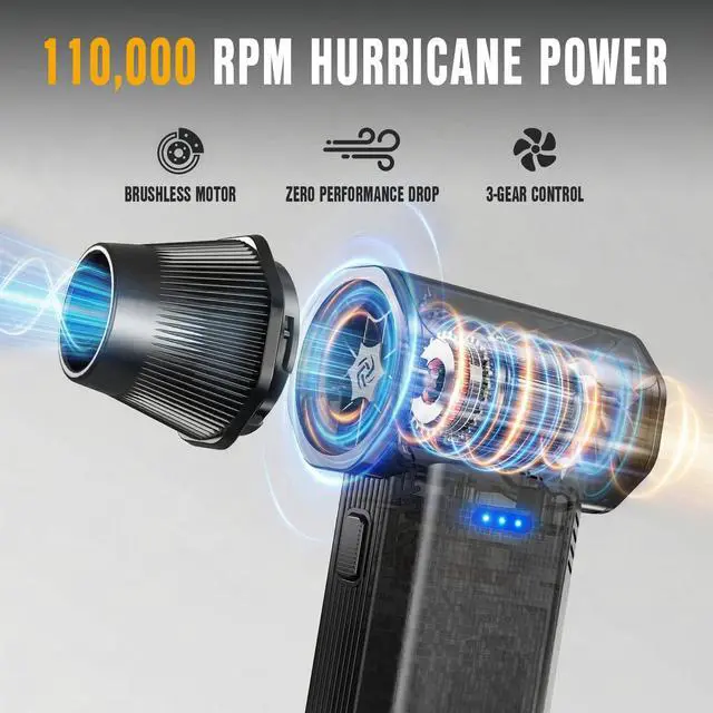 Alt view image 2 of 7 - Brushless Compressed Air Duster - 110000RPM Electric Air Duster, Rechargeable 3-Speed Small Blower & PC Cleaning Kit for Computer, Keyboard, Car and House