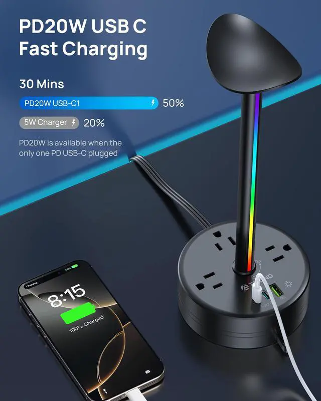 Alt view image 3 of 7 - Headphone Stand with PD 20W USB C Charger, RGB Gaming Headset Holder | 3 AC Outlets Extension, 5ft Retractable Power Strip Suitable for Gamer Desktop Table Game Earphone Accessories Gift