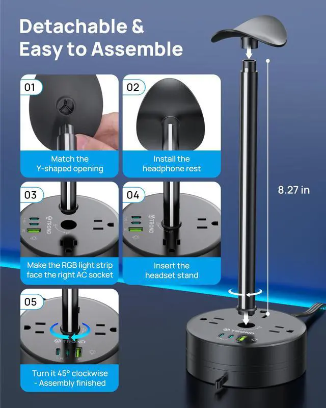 Alt view image 5 of 7 - Headphone Stand with PD 20W USB C Charger, RGB Gaming Headset Holder | 3 AC Outlets Extension, 5ft Retractable Power Strip Suitable for Gamer Desktop Table Game Earphone Accessories Gift