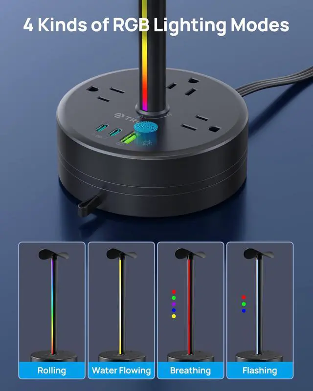Alt view image 6 of 7 - Headphone Stand with PD 20W USB C Charger, RGB Gaming Headset Holder | 3 AC Outlets Extension, 5ft Retractable Power Strip Suitable for Gamer Desktop Table Game Earphone Accessories Gift