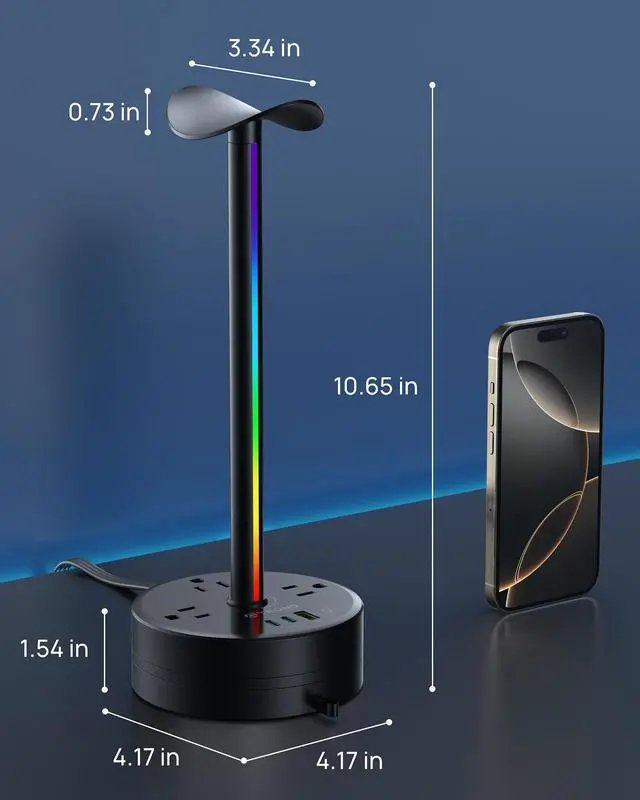 Alt view image 7 of 7 - Headphone Stand with PD 20W USB C Charger, RGB Gaming Headset Holder | 3 AC Outlets Extension, 5ft Retractable Power Strip Suitable for Gamer Desktop Table Game Earphone Accessories Gift
