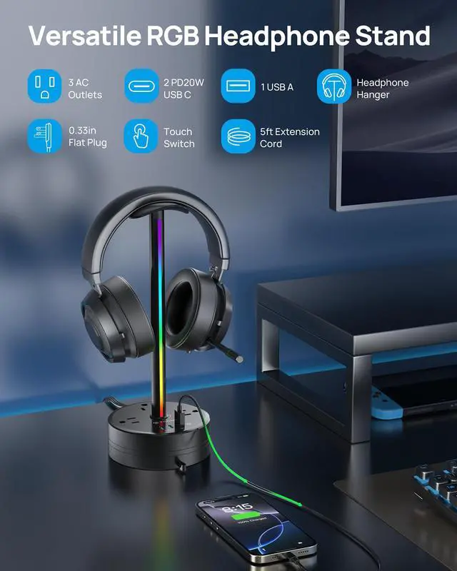 Alt view image 2 of 7 - Headphone Stand with PD 20W USB C Charger, RGB Gaming Headset Holder | 3 AC Outlets Extension, 5ft Retractable Power Strip Suitable for Gamer Desktop Table Game Earphone Accessories Gift