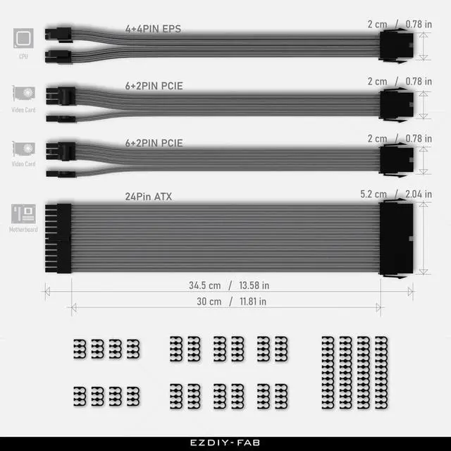 Alt view image 3 of 6 - PSU Extension Cable Sleeved Custom Mod PC Power Supply Cable, Soft Nylon Braided with Comb Kit 24PIN/8PIN to 6+2Pin/ 8PIN to 4+4PIN-30CM 300MM-Carbon