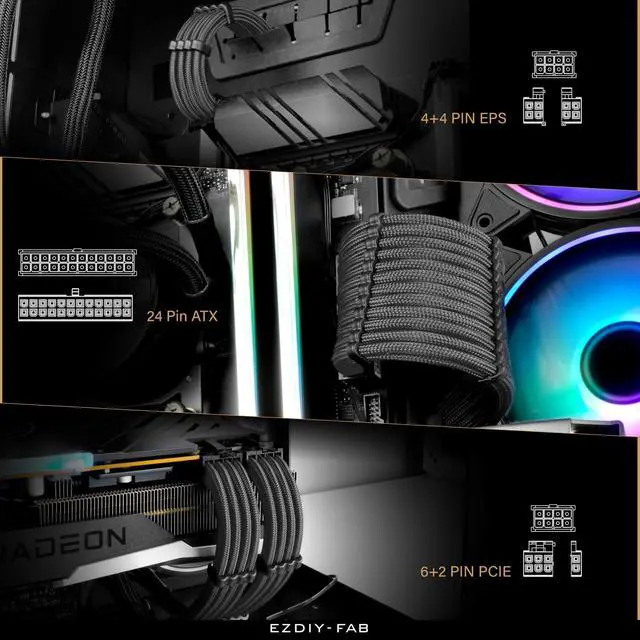 Alt view image 6 of 6 - PSU Extension Cable Sleeved Custom Mod PC Power Supply Cable, Soft Nylon Braided with Comb Kit 24PIN/8PIN to 6+2Pin/ 8PIN to 4+4PIN-30CM 300MM-Carbon