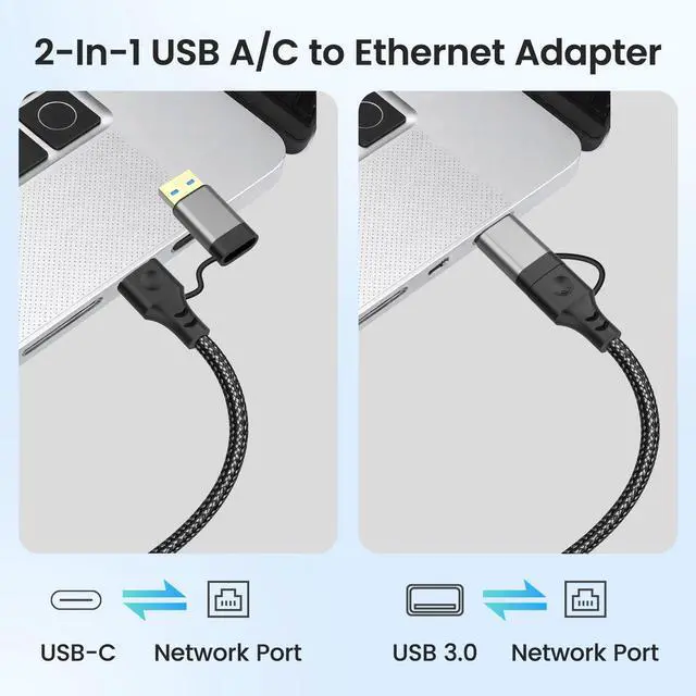 Alt view image 7 of 7 - 2-IN-1 Ethernet to USB A/C Cable Adapter, USB 3.0 to Ethernet Cable - 6.6FT, USB C to RJ45 Gigabit Network Adapter for Laptop, Compatible with MacBook/Surface/iPad Pro/Phone, Windows 11/10/8/7, Mac OS