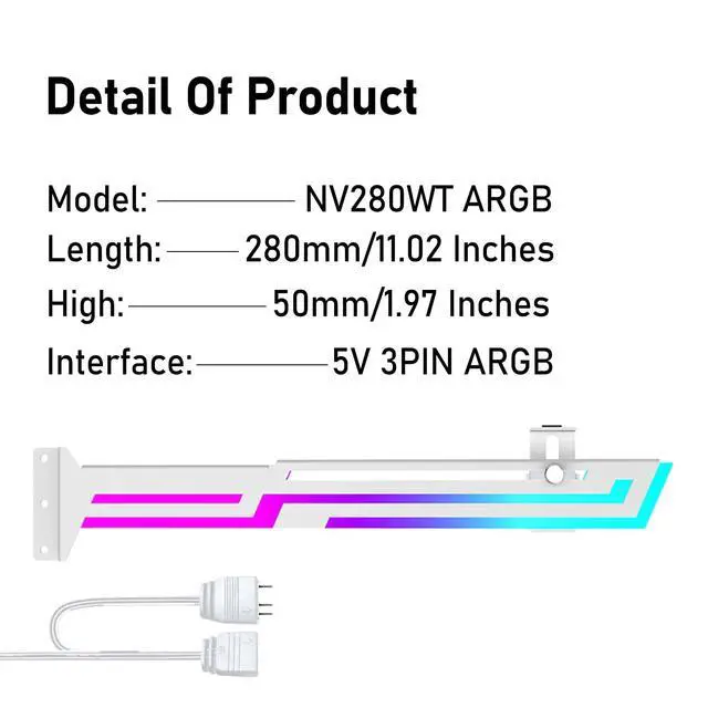 Alt view image 6 of 7 - RGB GPU Support Bracket, GPU Brace Support, 5V 3Pin addressable GPU Holder, Built-in ARGB, Adjustable Length and Height (White)