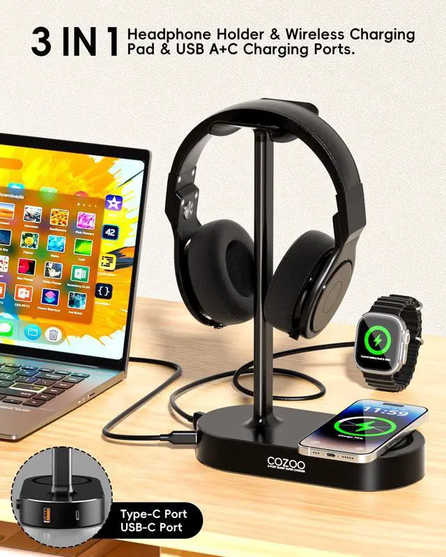 Alt view image 2 of 7 - Headphone Stand with Fast Wireless Charging Pad and 2 USB Charging Ports, Suitable for Gaming, DJ, Wireless Earphone Accessories