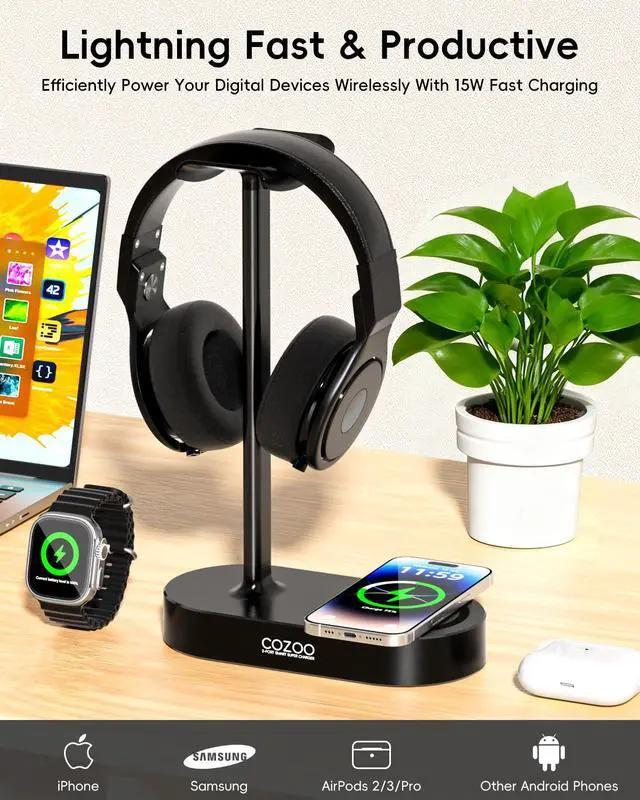 Alt view image 3 of 7 - Headphone Stand with Fast Wireless Charging Pad and 2 USB Charging Ports, Suitable for Gaming, DJ, Wireless Earphone Accessories