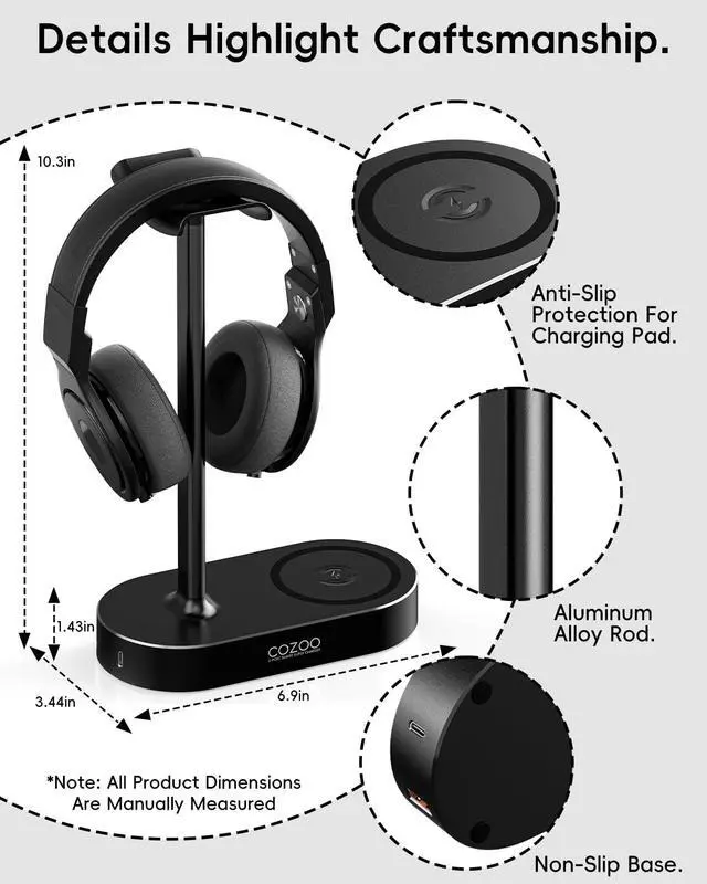 Alt view image 7 of 7 - Headphone Stand with Fast Wireless Charging Pad and 2 USB Charging Ports, Suitable for Gaming, DJ, Wireless Earphone Accessories
