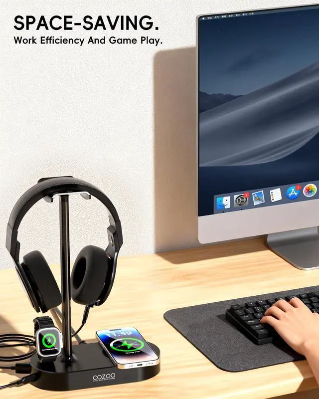 Alt view image 6 of 7 - Headphone Stand with Fast Wireless Charging Pad and 2 USB Charging Ports, Suitable for Gaming, DJ, Wireless Earphone Accessories