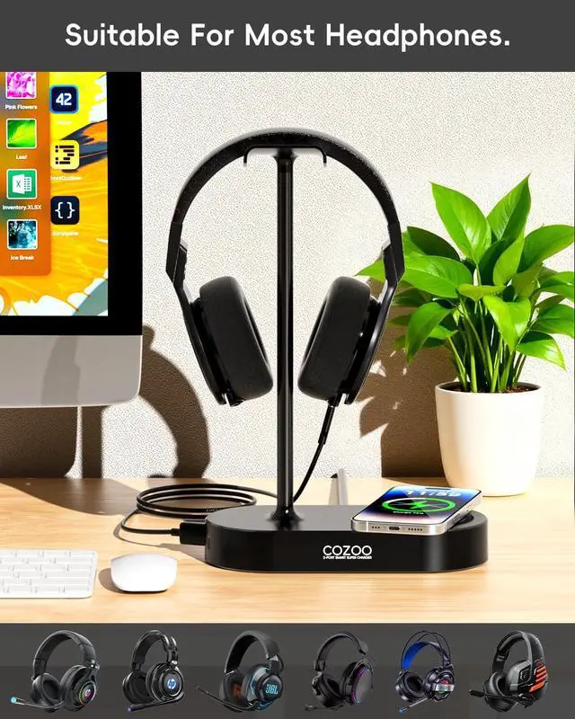 Alt view image 4 of 7 - Headphone Stand with Fast Wireless Charging Pad and 2 USB Charging Ports, Suitable for Gaming, DJ, Wireless Earphone Accessories