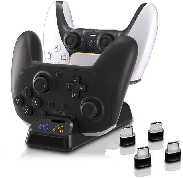 Main image of Controller Charger Dock for Switch 2 Pro, Nintendo Switch Pro, PS5 & Xbox Series X/S Dual Fast Charging Station with LED Indicator, Type-C Adapter, Compact Stand