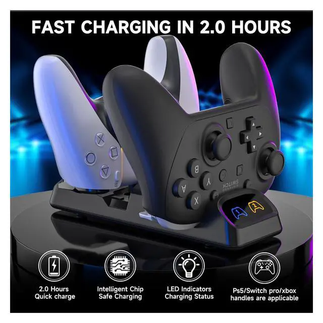 Alt view image 3 of 7 - Controller Charger Dock for Switch 2 Pro, Nintendo Switch Pro, PS5 & Xbox Series X/S Dual Fast Charging Station with LED Indicator, Type-C Adapter, Compact Stand