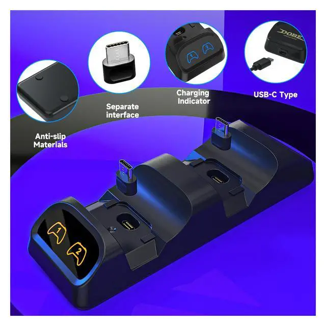 Alt view image 5 of 7 - Controller Charger Dock for Switch 2 Pro, Nintendo Switch Pro, PS5 & Xbox Series X/S Dual Fast Charging Station with LED Indicator, Type-C Adapter, Compact Stand