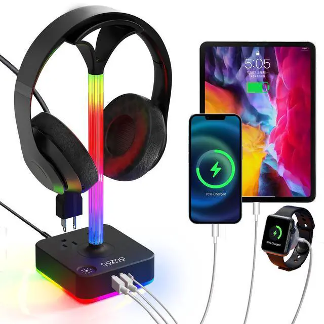 Main image of RGB Headphone Stand with Charger 3 USB Ports and 2 AC Outlets,2 USB-A 1 Type C,Desk Gaming Headset Holder with 9 Light Modes,PC Gaming Desk Accessories,Gamer Gifts,RGB Gaming Stuff Headset Stand