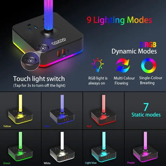 Alt view image 2 of 7 - RGB Headphone Stand with Charger 3 USB Ports and 2 AC Outlets,2 USB-A 1 Type C,Desk Gaming Headset Holder with 9 Light Modes,PC Gaming Desk Accessories,Gamer Gifts,RGB Gaming Stuff Headset Stand