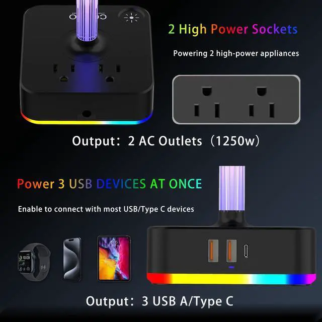 Alt view image 3 of 7 - RGB Headphone Stand with Charger 3 USB Ports and 2 AC Outlets,2 USB-A 1 Type C,Desk Gaming Headset Holder with 9 Light Modes,PC Gaming Desk Accessories,Gamer Gifts,RGB Gaming Stuff Headset Stand
