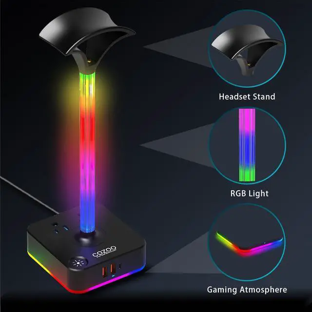 Alt view image 4 of 7 - RGB Headphone Stand with Charger 3 USB Ports and 2 AC Outlets,2 USB-A 1 Type C,Desk Gaming Headset Holder with 9 Light Modes,PC Gaming Desk Accessories,Gamer Gifts,RGB Gaming Stuff Headset Stand