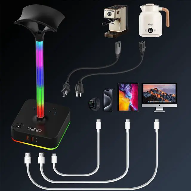 Alt view image 5 of 7 - RGB Headphone Stand with Charger 3 USB Ports and 2 AC Outlets,2 USB-A 1 Type C,Desk Gaming Headset Holder with 9 Light Modes,PC Gaming Desk Accessories,Gamer Gifts,RGB Gaming Stuff Headset Stand