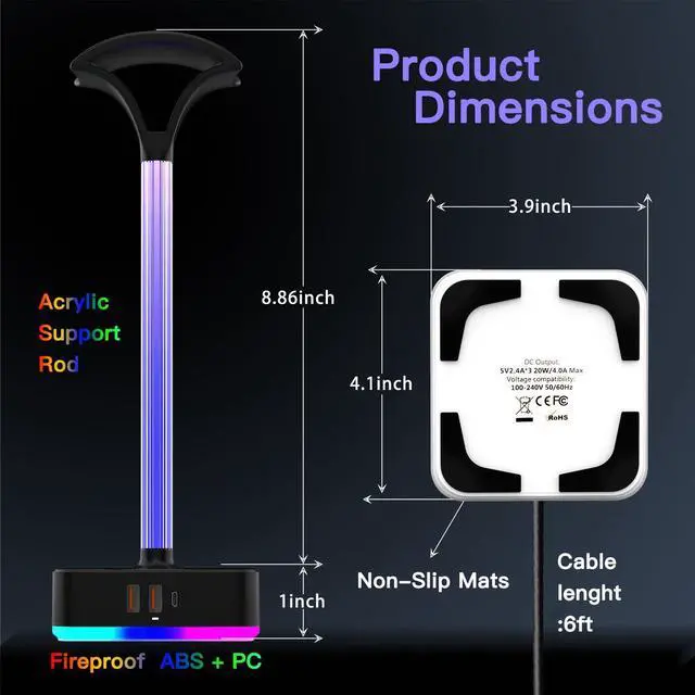 Alt view image 6 of 7 - RGB Headphone Stand with Charger 3 USB Ports and 2 AC Outlets,2 USB-A 1 Type C,Desk Gaming Headset Holder with 9 Light Modes,PC Gaming Desk Accessories,Gamer Gifts,RGB Gaming Stuff Headset Stand