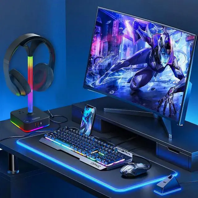Alt view image 7 of 7 - RGB Headphone Stand with Charger 3 USB Ports and 2 AC Outlets,2 USB-A 1 Type C,Desk Gaming Headset Holder with 9 Light Modes,PC Gaming Desk Accessories,Gamer Gifts,RGB Gaming Stuff Headset Stand