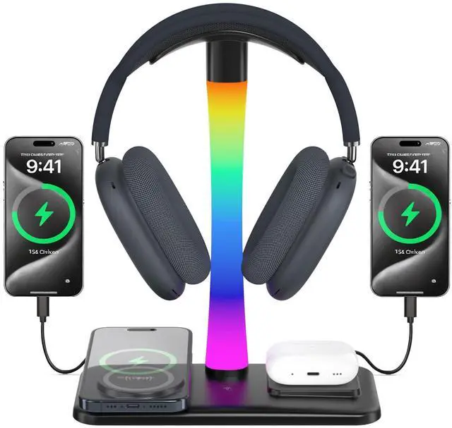 Main image of Headphone Stand with Wireless Charger,Gaming Headset stand with RGB Light Mode,For Airpod Max Stand Compatible with Airpod Pro/3/2,For iPhone 17/16/15/14/13/12/11,Gifts for Gamers & Music Lover(Black)