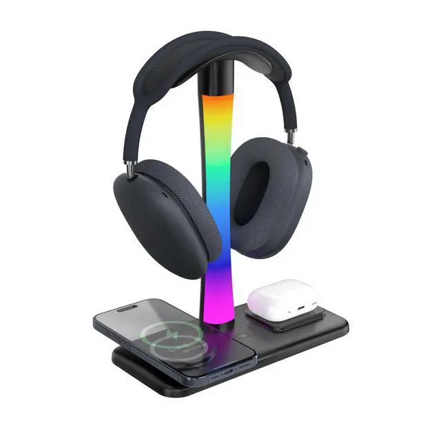 Alt view image 2 of 7 - Headphone Stand with Wireless Charger,Gaming Headset stand with RGB Light Mode,For Airpod Max Stand Compatible with Airpod Pro/3/2,For iPhone 17/16/15/14/13/12/11,Gifts for Gamers & Music Lover(Black)