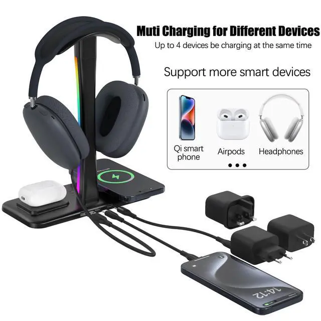 Alt view image 4 of 7 - Headphone Stand with Wireless Charger,Gaming Headset stand with RGB Light Mode,For Airpod Max Stand Compatible with Airpod Pro/3/2,For iPhone 17/16/15/14/13/12/11,Gifts for Gamers & Music Lover(Black)