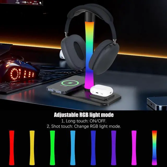 Alt view image 5 of 7 - Headphone Stand with Wireless Charger,Gaming Headset stand with RGB Light Mode,For Airpod Max Stand Compatible with Airpod Pro/3/2,For iPhone 17/16/15/14/13/12/11,Gifts for Gamers & Music Lover(Black)