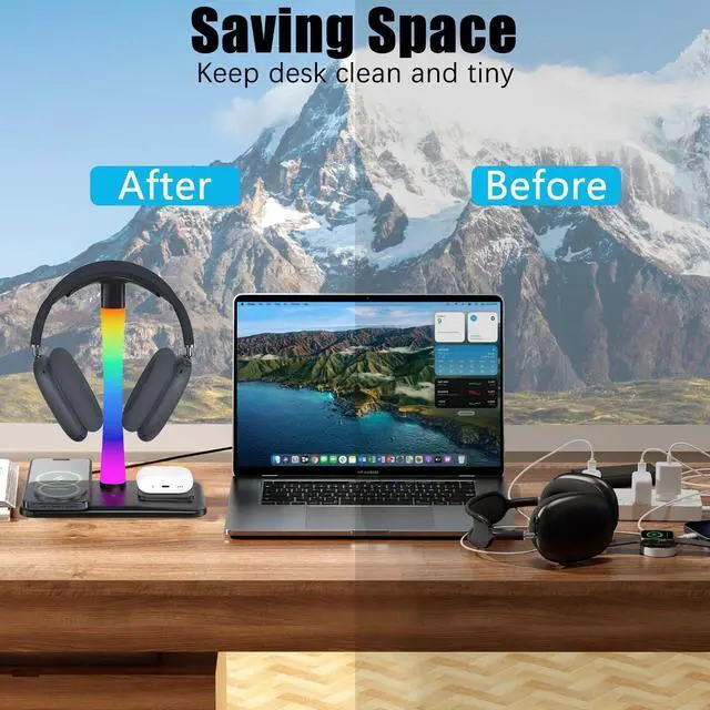 Alt view image 7 of 7 - Headphone Stand with Wireless Charger,Gaming Headset stand with RGB Light Mode,For Airpod Max Stand Compatible with Airpod Pro/3/2,For iPhone 17/16/15/14/13/12/11,Gifts for Gamers & Music Lover(Black)