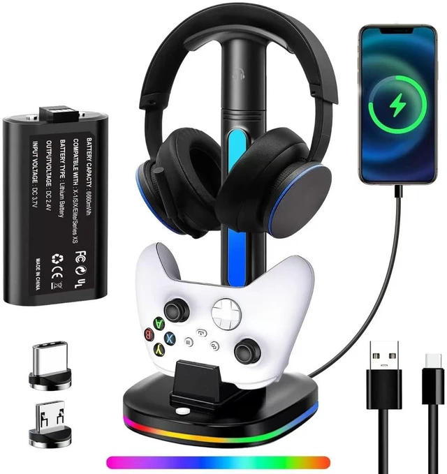 Main image of Xbox Headphone Stand with Controller Charger, RGB Xbox Controller Charging Station Headset Stand for Xbox Series X/S/One/One X/One S Charging, Equipped with 1 * 5180mWh Rechargeable Xbox Battery Pack