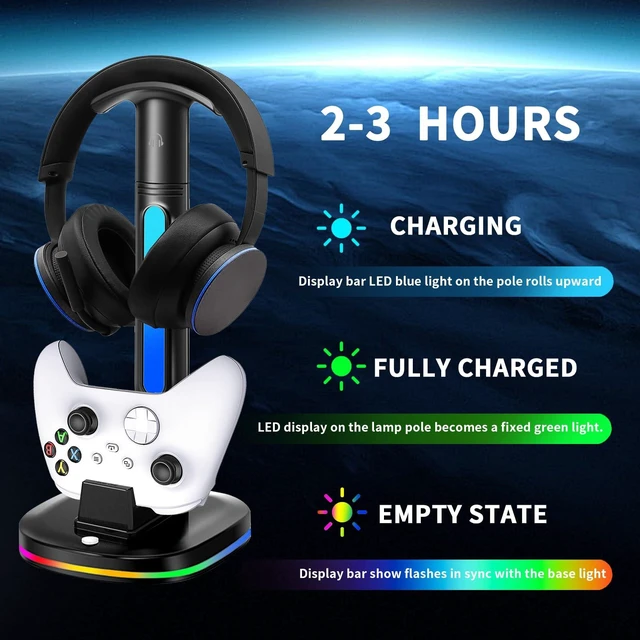 Alt view image 2 of 7 - Xbox Headphone Stand with Controller Charger, RGB Xbox Controller Charging Station Headset Stand for Xbox Series X/S/One/One X/One S Charging, Equipped with 1 * 5180mWh Rechargeable Xbox Battery Pack