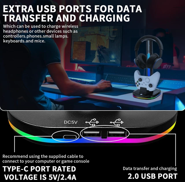 Alt view image 6 of 7 - Xbox Headphone Stand with Controller Charger, RGB Xbox Controller Charging Station Headset Stand for Xbox Series X/S/One/One X/One S Charging, Equipped with 1 * 5180mWh Rechargeable Xbox Battery Pack