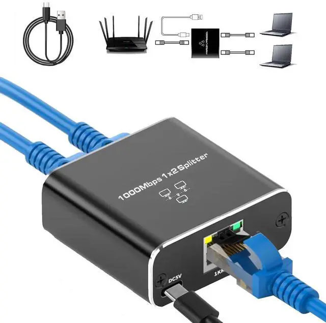 Main image of Gigabit Ethernet Splitter 1 to 2 High Speed, 1000Mbps Internet Splitter 1 in 2 Out, LAN with USB Power Cable, RJ45 for Cat5/5e/6/7/8 Cable(2 Devices Simultaneously Networking)