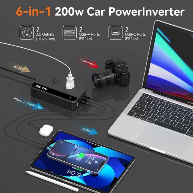 Alt view image 3 of 7 - 200W Car Power Inverter 12V DC to 110V AC with USB C | Car Inverter with 4 USB Fast Charging Ports (2 USB-A & 2 USB-C), Powers Phones, Laptops and Small Devices for Road Trips