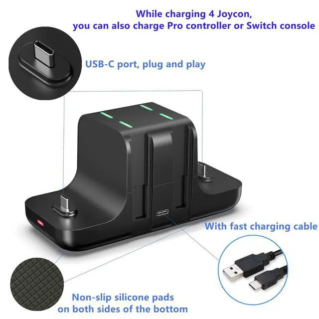 Alt view image 5 of 7 - Upgraded Controller Charger Dock Station for Nintendo Switch Pro Controller and Joy con, 6-in-1 Charging Stand for Switch & OLED Model & Lite with Charging Indicator and Type C Charging Cable