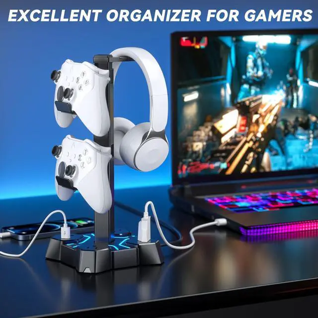 Alt view image 6 of 7 - Headphone Stand with USB Charger, Controller Stand for Desk, Headphone Holder with 2 USB Charging Ports and 3 AC Outlets, Accessories for Desktop(Black)