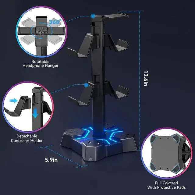 Alt view image 7 of 7 - Headphone Stand with USB Charger, Controller Stand for Desk, Headphone Holder with 2 USB Charging Ports and 3 AC Outlets, Accessories for Desktop(Black)