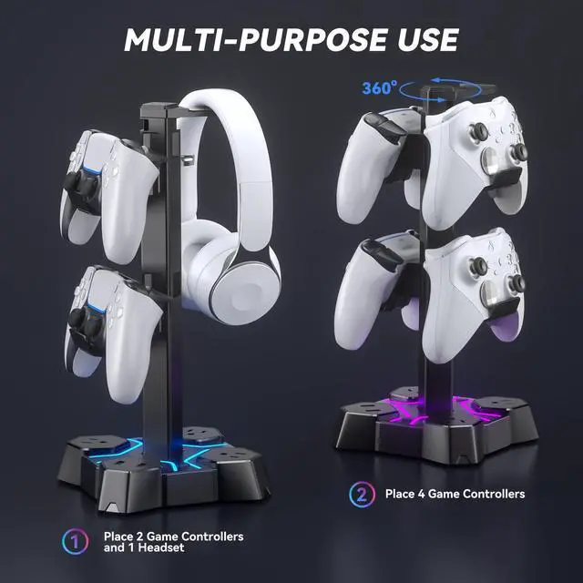 Alt view image 4 of 7 - Headphone Stand with USB Charger, Controller Stand for Desk, Headphone Holder with 2 USB Charging Ports and 3 AC Outlets, Accessories for Desktop(Black)