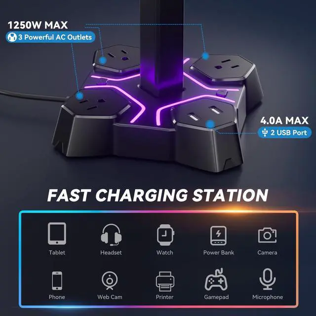 Alt view image 2 of 7 - Headphone Stand with USB Charger, Controller Stand for Desk, Headphone Holder with 2 USB Charging Ports and 3 AC Outlets, Accessories for Desktop(Black)
