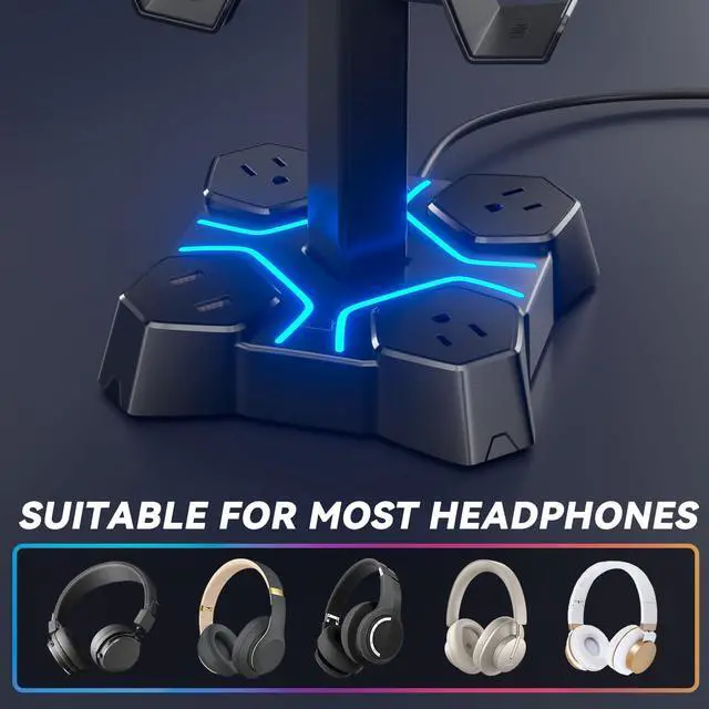 Alt view image 5 of 7 - Headphone Stand with USB Charger, Controller Stand for Desk, Headphone Holder with 2 USB Charging Ports and 3 AC Outlets, Accessories for Desktop(Black)